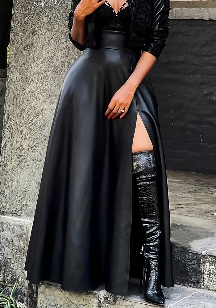 Women's Fashion Elegant High Side Slit A-Line Plus Size Long Leather Skirt