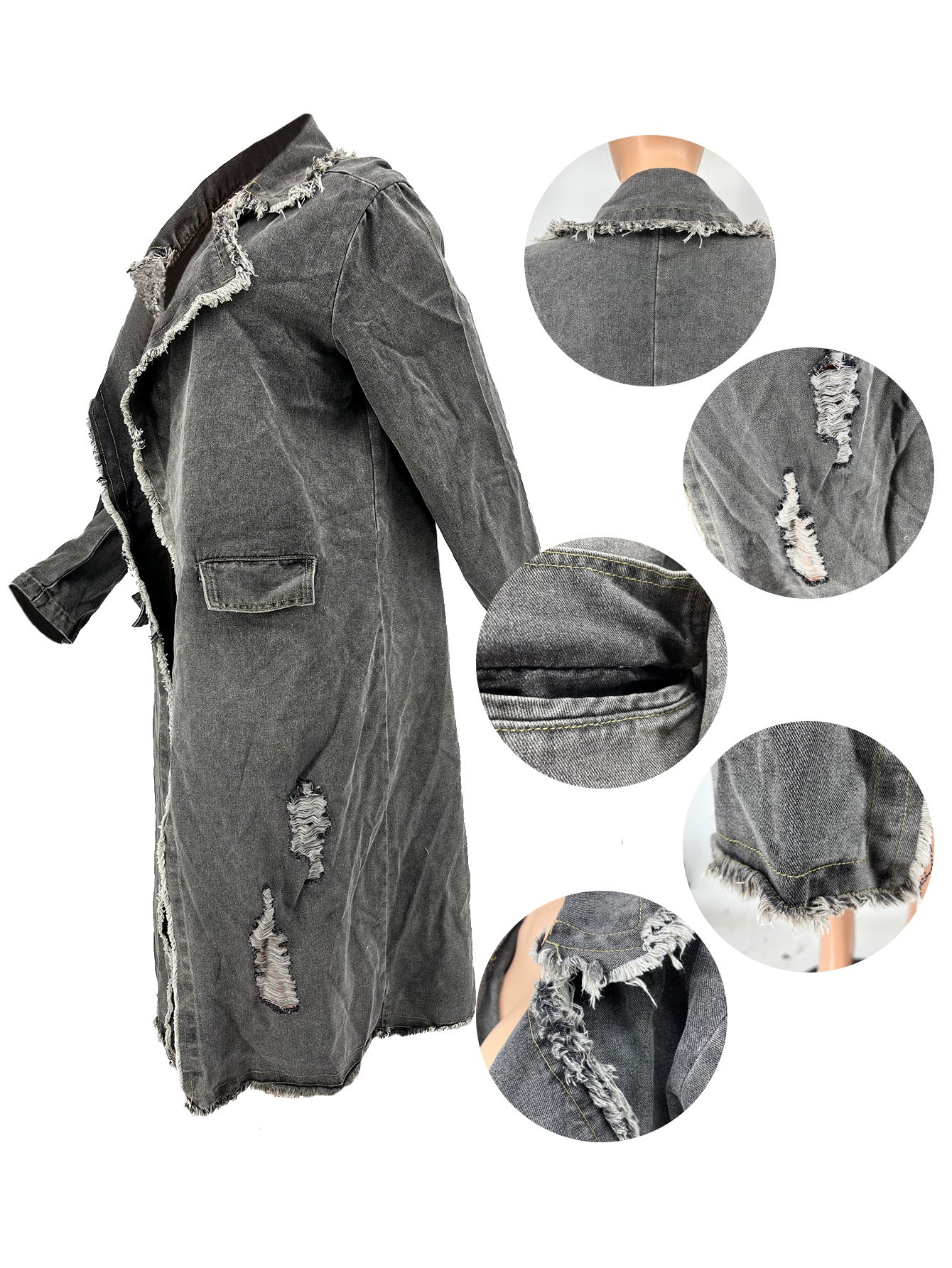 Women's Turndown Collar Ripped Denim Coat Jacket 6
