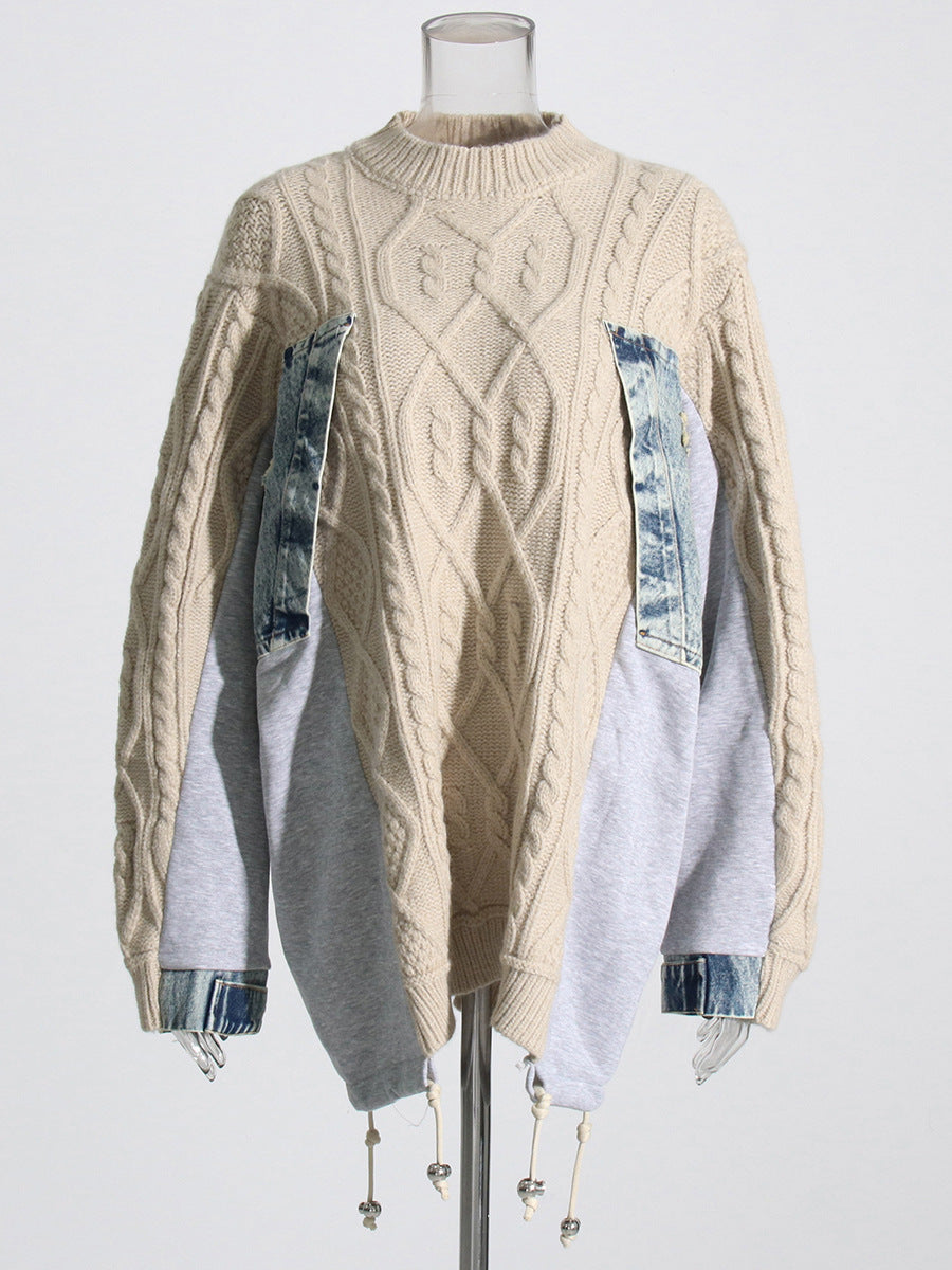 Spring Fashion Contrast Color Patchwork Pullover Drawstring Sweater Knitting Shirt 5
