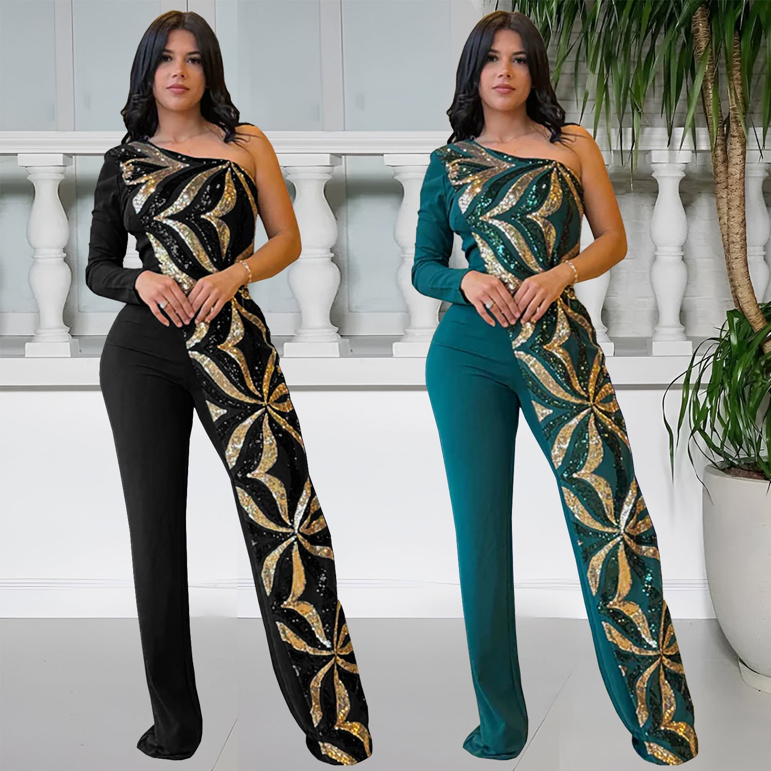 Women One Shoulder Sequin Jumpsuit 13