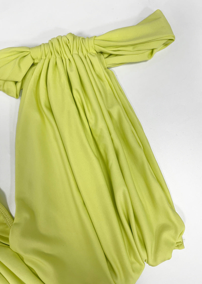 Women Summer Sexy One-shoulder Backless Strapless Solid Lace-Up Gathered Maxi Dress 31