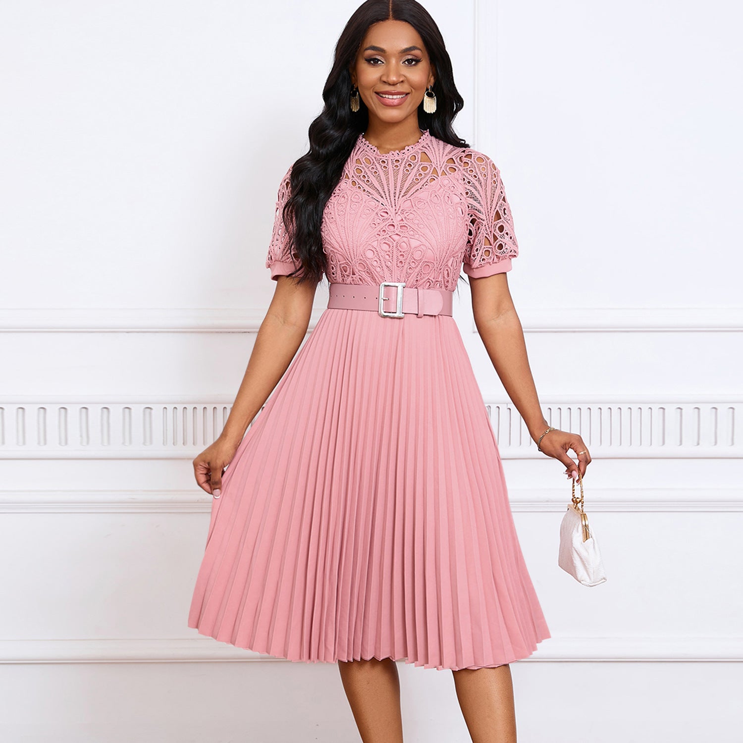 Women Short Sleeve Lace Patchwork Pleated African Dress 10