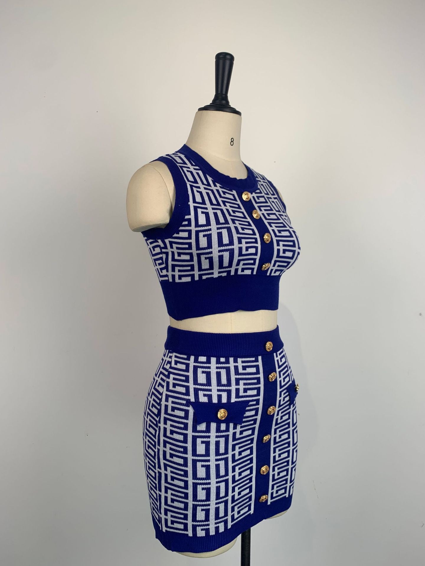 Women Round Neck Sleeveless Geometric Pattern Top and Skirt Two-Piece Set 29