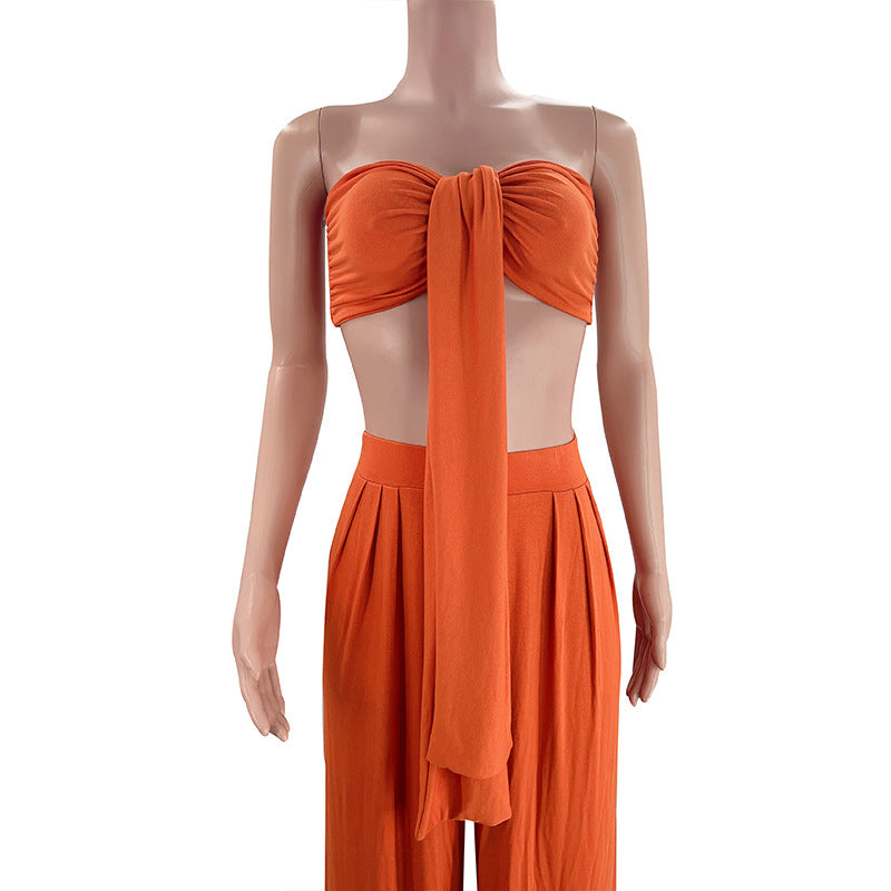 Women's Sexy Solid Color Tie Strapless Top Mid-Waist Wide Leg Pants Fashion Casual Two Piece Set 15