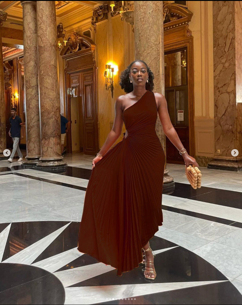 Elegant Slim Fit One Shoulder Cutout Pleated Gown Dress 12