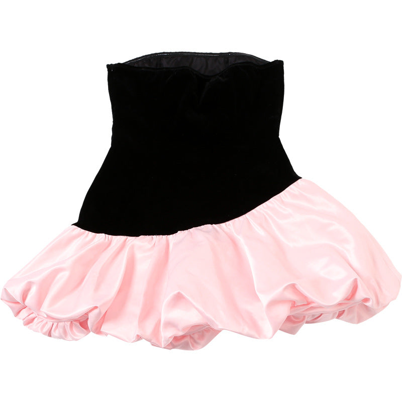 Winter Women's Strapless Velvet  Patchwork Puffy Short Dress 9