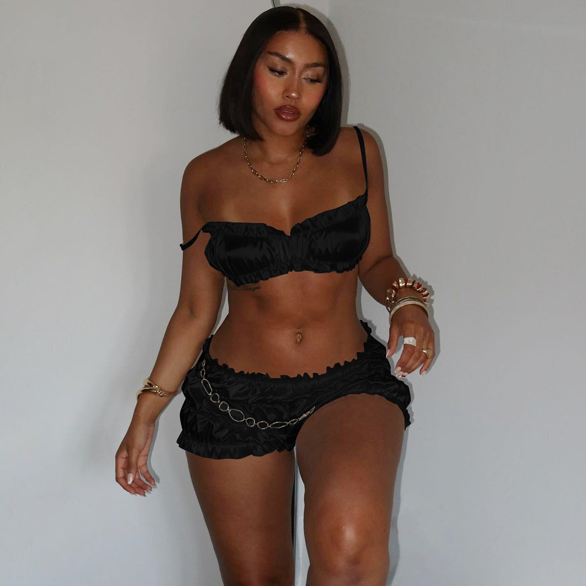 Women's Summer Fashion Sexy Strap Crop Top Pleated Shorts Two Piece Set 8