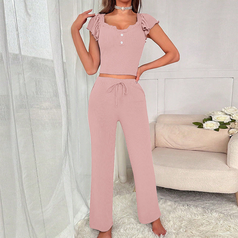 Women Short Sleeve Top Long Pants Casual Two-piece Set 7