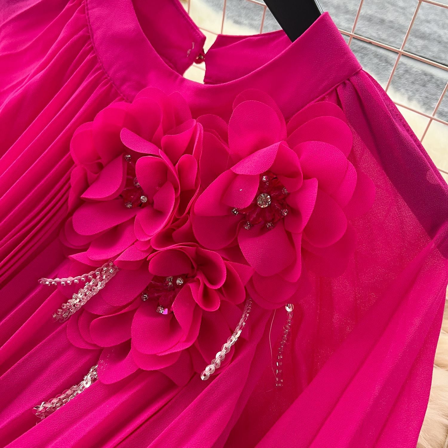 Elegant Women's Luxury Beaded Flower Belt Slim Waist Pleated Long Dress 15