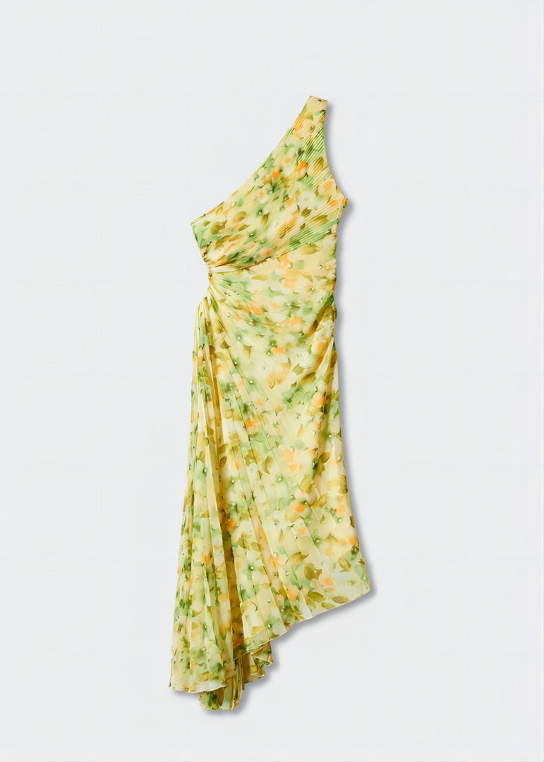 Women Printed One Shoulder Slash Shoulder Pleated Strappy Dress 15