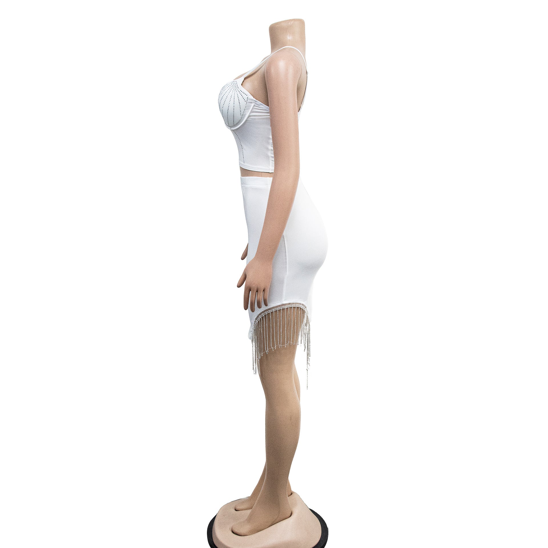 Women's Fashion Beaded Sleeveless Straps Top Tassels Skirt Two-Piece Set 16