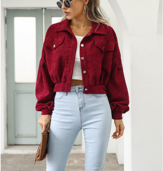 Women Casual Turndown Collar Corduroy Balloon Sleeve Single Breasted Crop Jacket 10