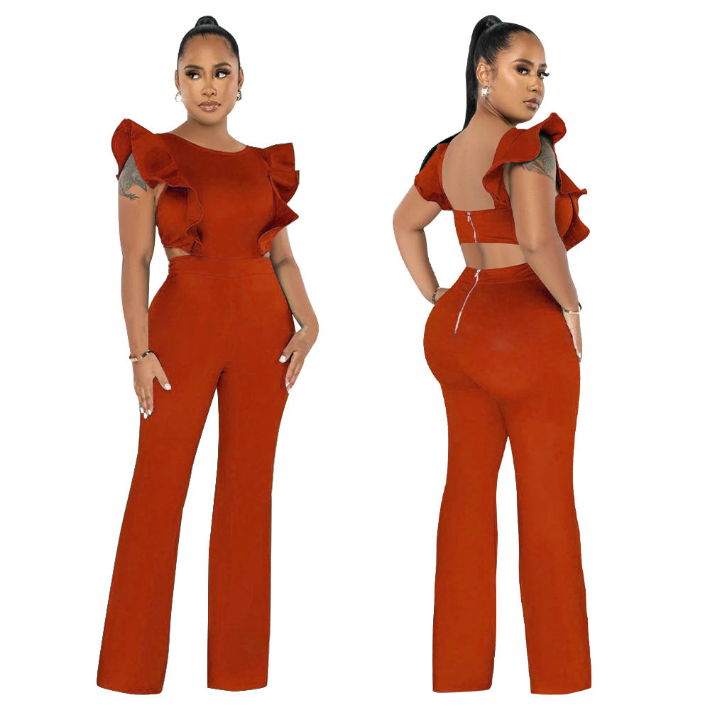 Women Summer Ruffle Round Neck Solid Jumpsuit 5