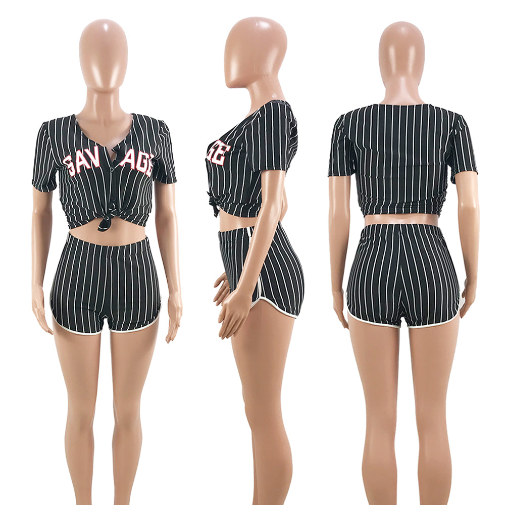 Women Sexy Women Striped Letter Baseball Top and Skirt Two-piece Set 12