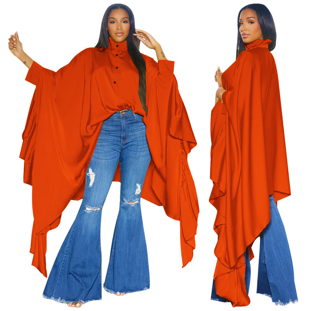 Women 's Autumn Pleated Long Solid Color Shawl Shirt 8
