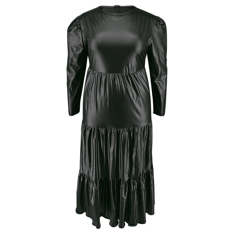 Plus Size Women Pu-Leather Round Neck Long Sleeve Cake Dress 9