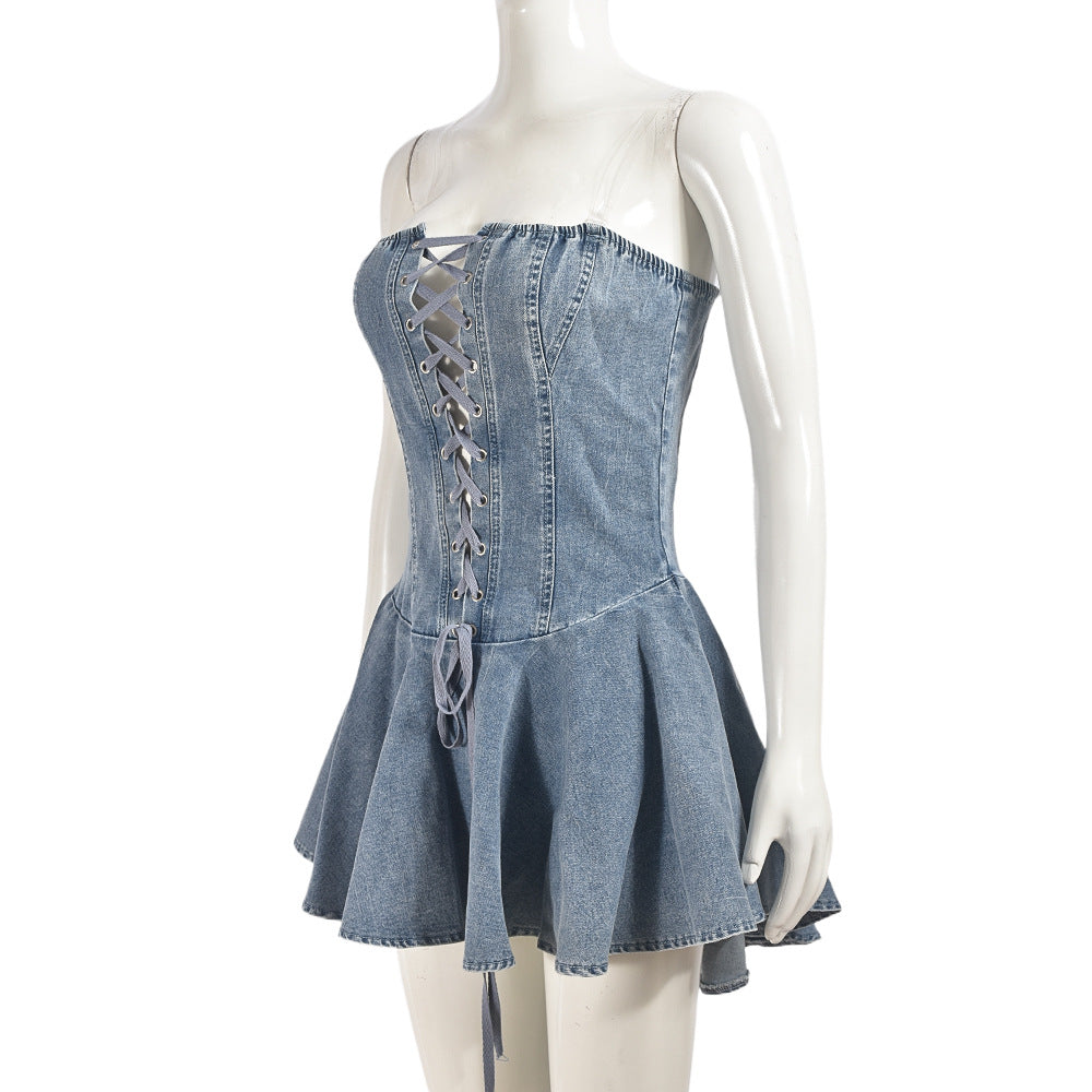 Elastic Denim Women's Zipper Lace-Up Sexy Transparent Strap Short A-Line Dress 9