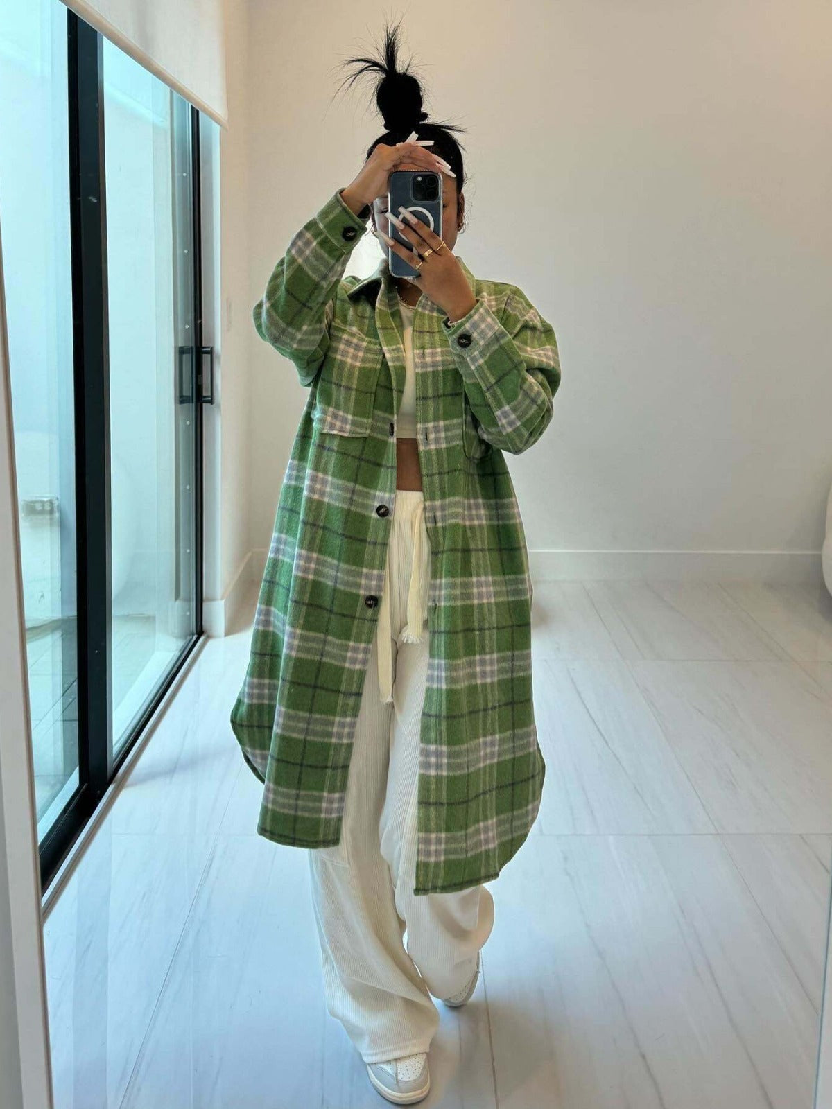 Spring Women's Clothing Fashionable Turndown Collar Pocket Plaid Shirt 9