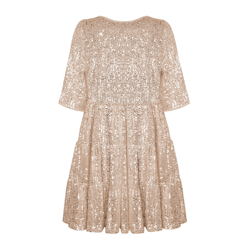 Women 's Sequin Half Sleeve Round Neck Ruffle Loose Formal Party Dress 23