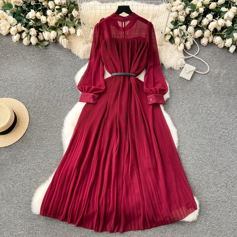 Spring Women's Bow Pleated Chiffon Puff Sleeve Long Dress 9