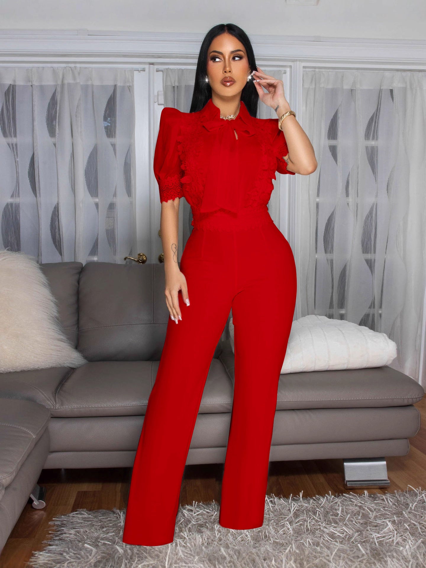 Women Elegant Style Lace Patchwork Lace-Up Wide-Leg Jumpsuit 6