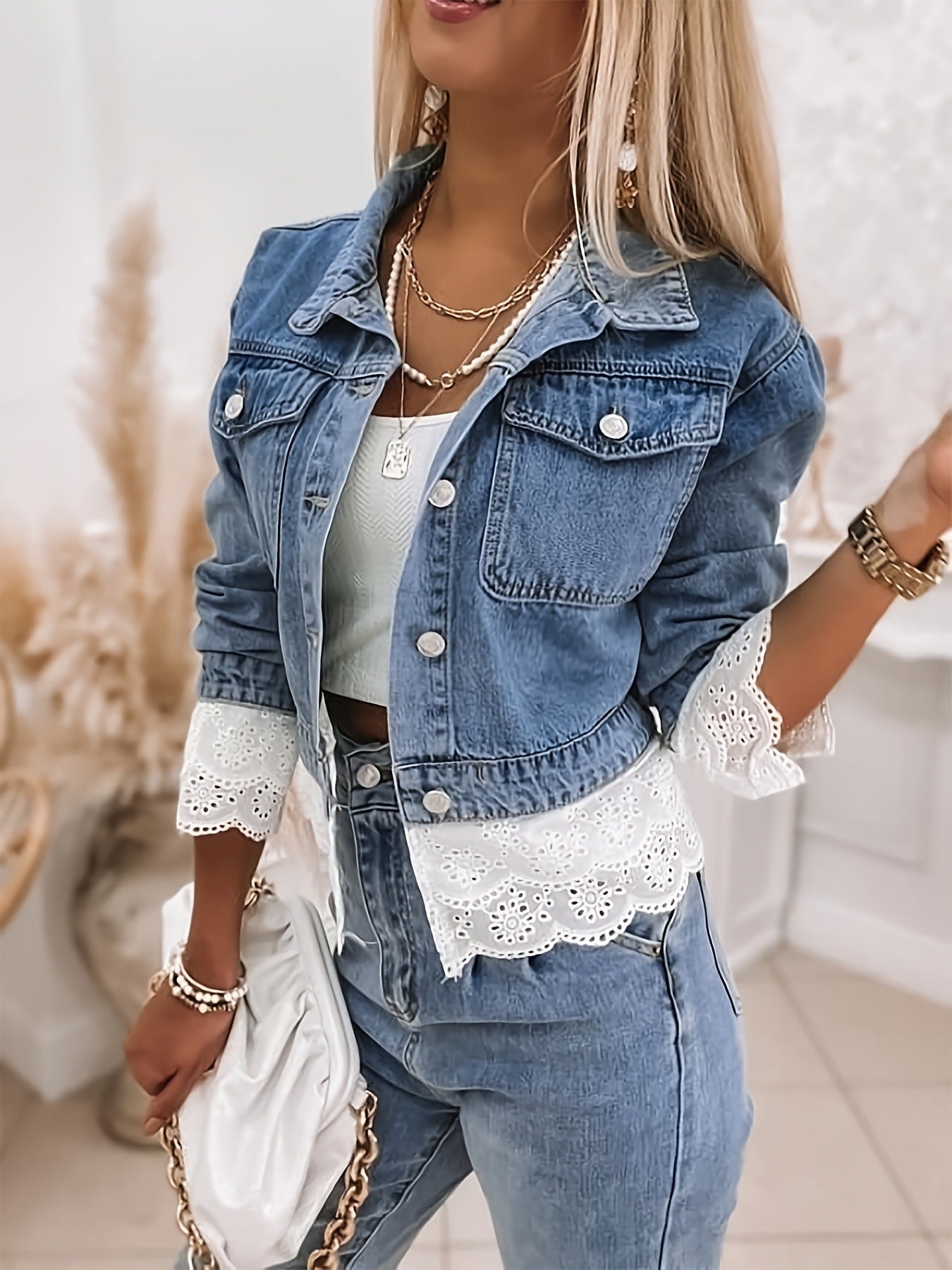 Women's Non-Stretch Multi-Layer Lace Trim Long Sleeve Denim Jacket 4