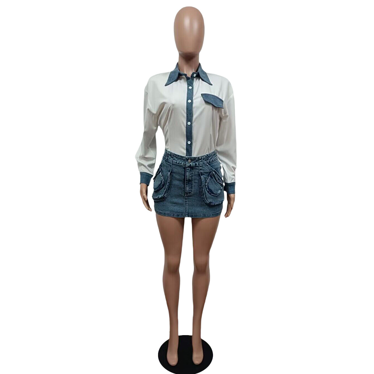 Women Shirt and Denim 3d Pocket Mini Skirt Two-Piece Set 7
