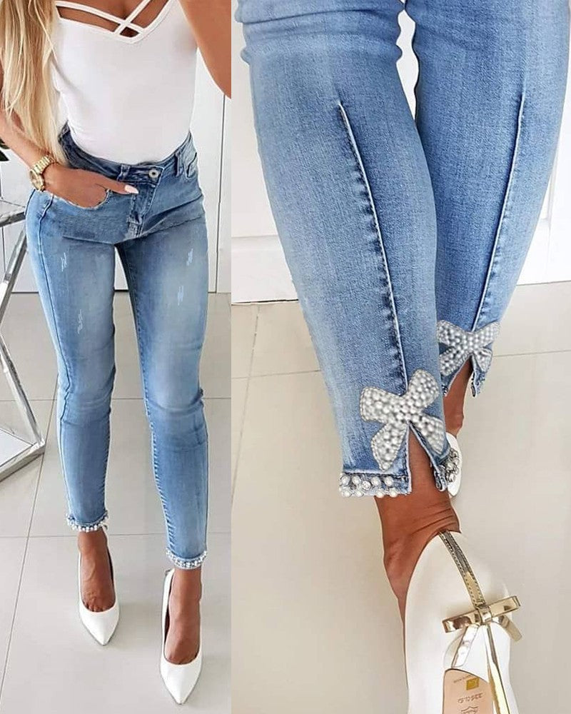Women butterfly beaded Denim slit Pant 3