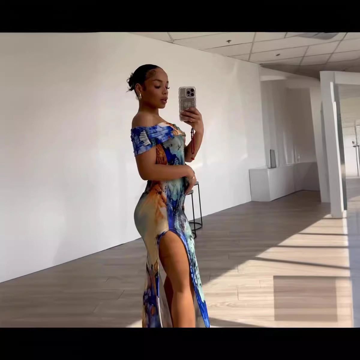 Women Multi-Color Printed Off Shoulder Sexy Slit Dress 3