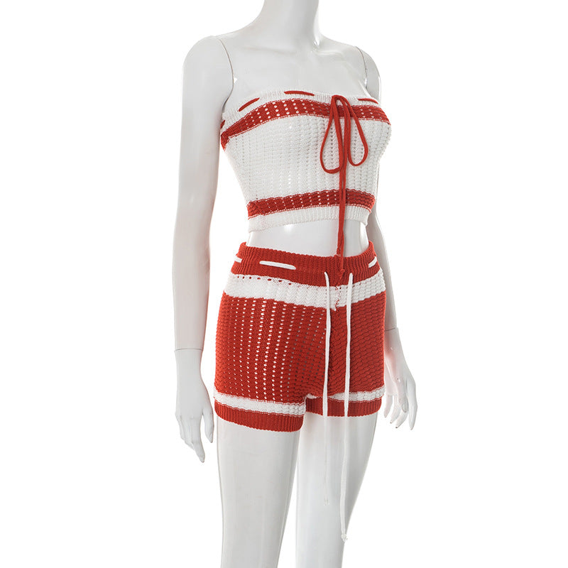 Summer Women's Fashion Knitting Drawstring Contrast Stripes Strapless Two-Piece Shorts Set 9