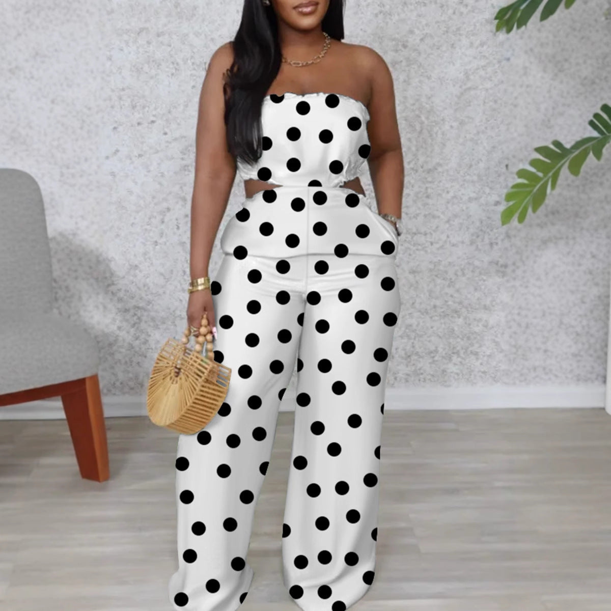 Women Elegant Strapless Printed Wide-leg Jumpsuit 4