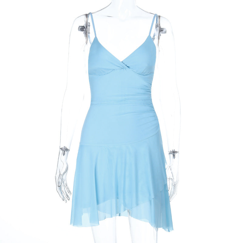 V-Neck Slim Waist Strap Dress Summer Solid Holiday Dress 3