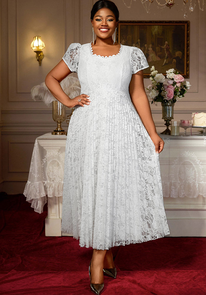 Plus Size Lace Trim Elegant Square-Neck Flared Party Dress