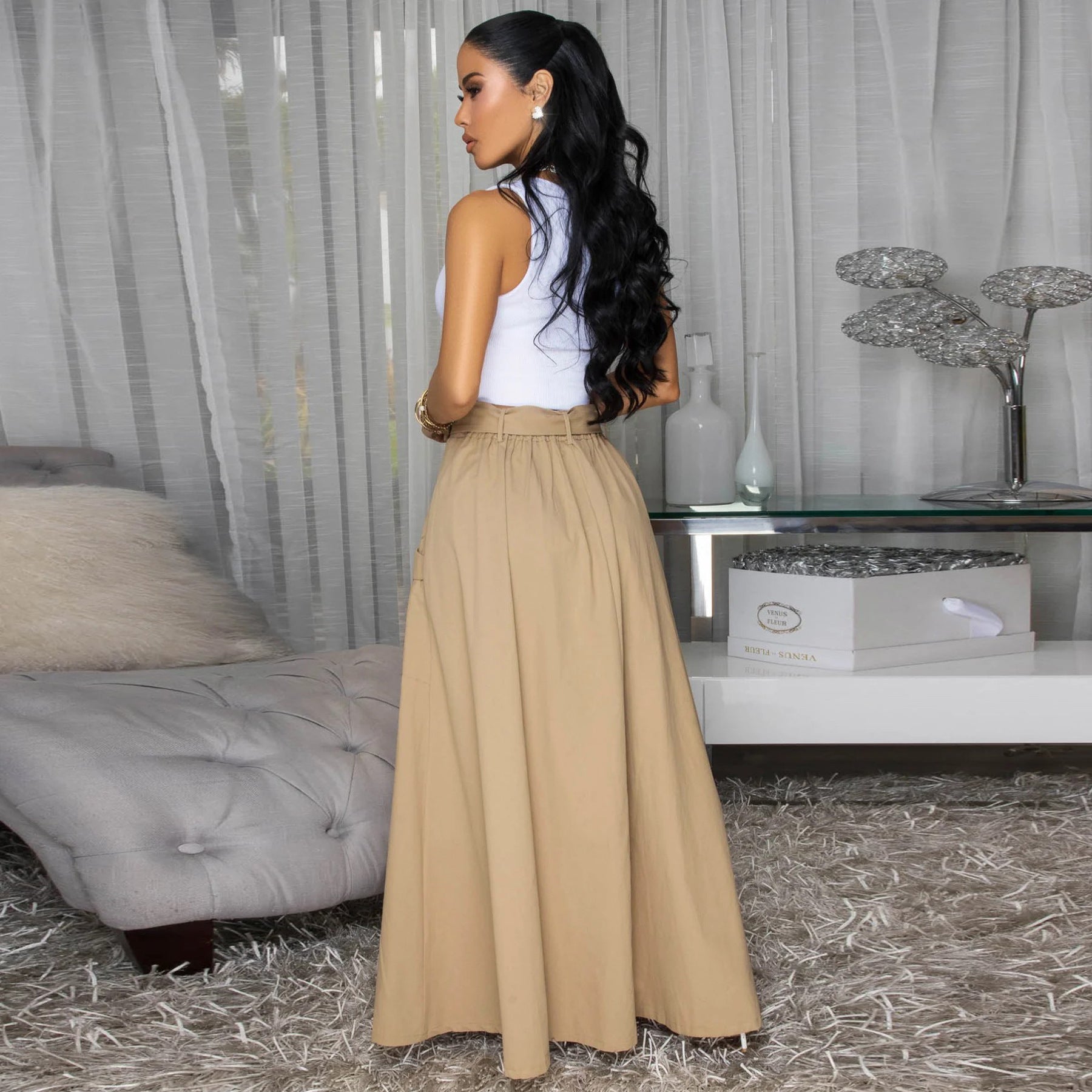 Women Solid Zipper Slit Skirt with Belt
