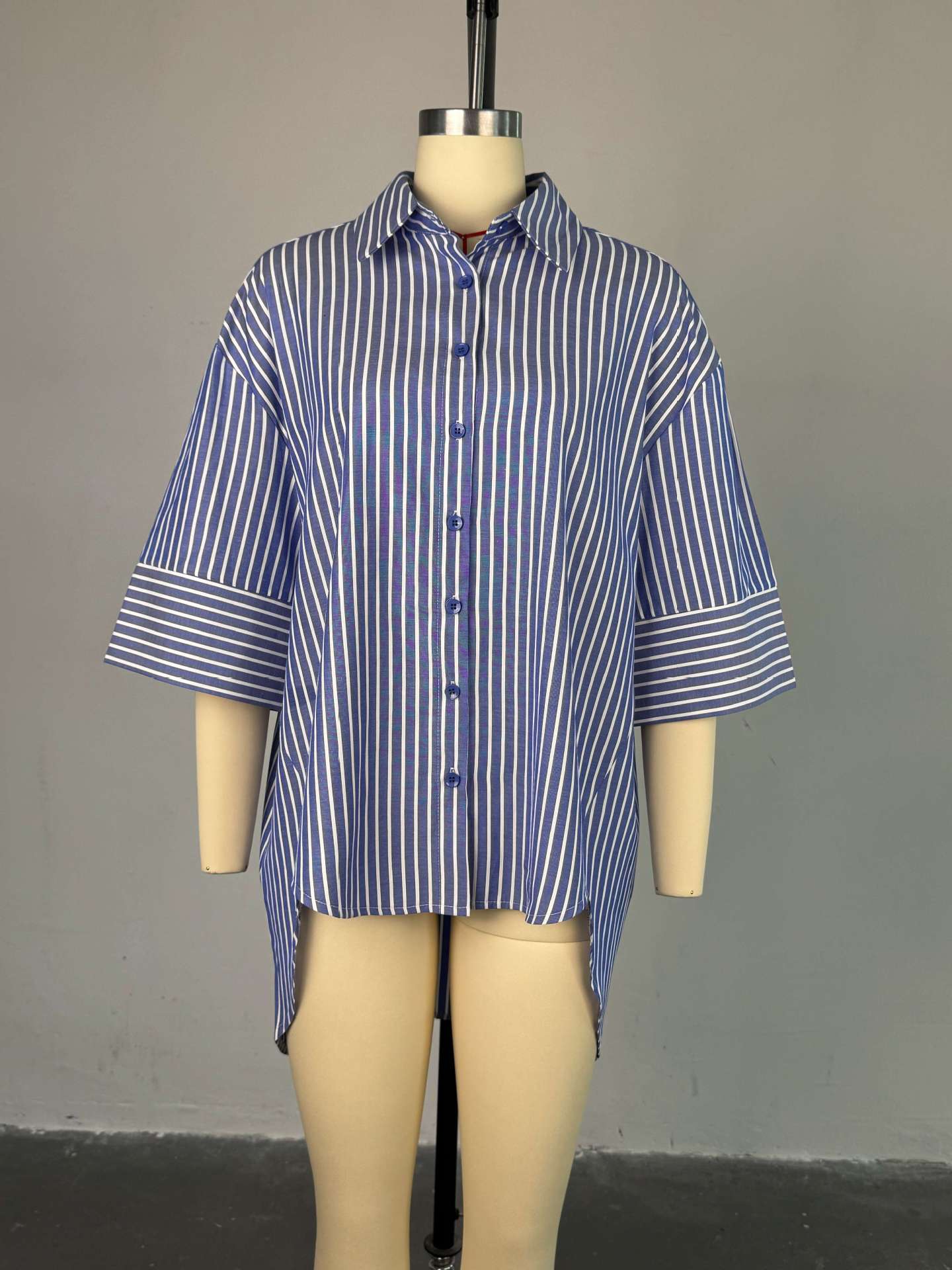 Women summer blue striped long-sleeved shirt Top 8