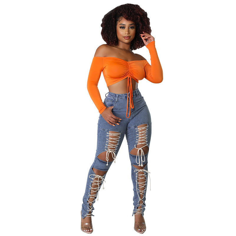 Women's Summer Lace-Up Sexy Denim Pants 8