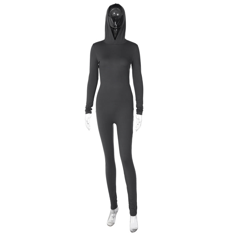 Women Winter Solid Long Sleeve Hooded Backless Sports Jumpsuit 7