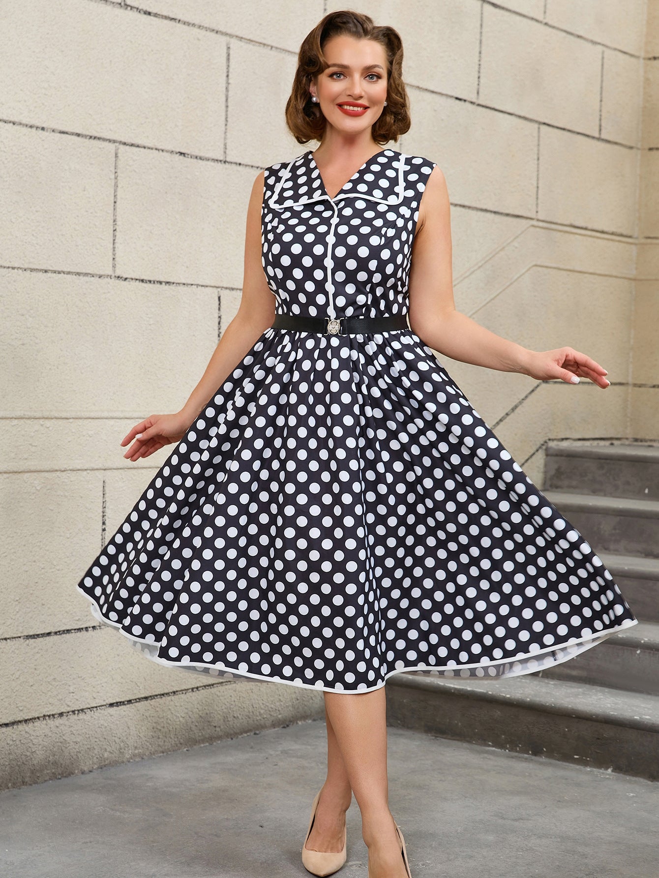 Plus Size Women Turndown Collar Black Polka Dot Belt Sleeveless Dress 4