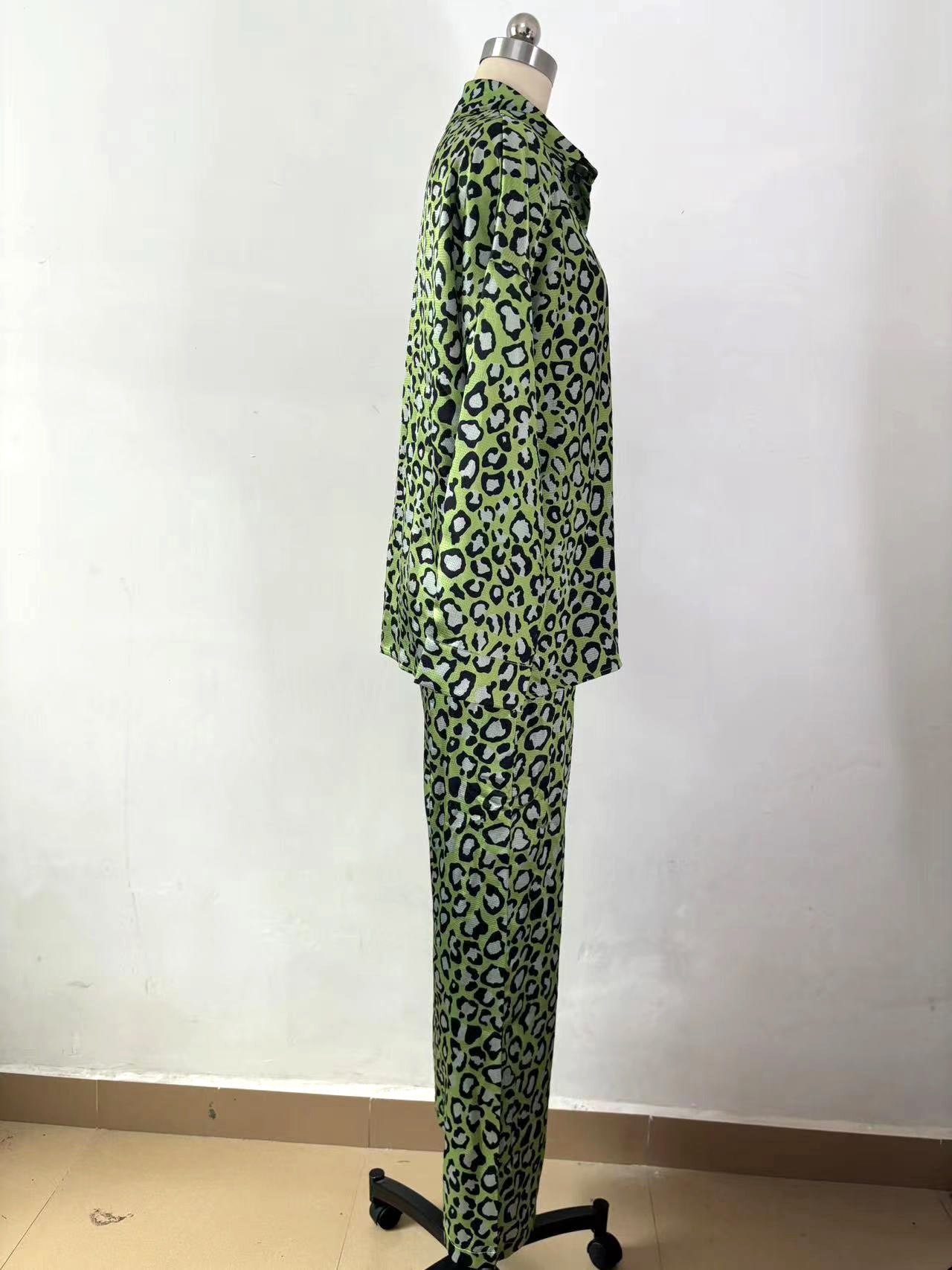 Fashion Casual Set Women Leopard Print Fall Women Long Sleeve Shirt Pants Two-Piece Set 11