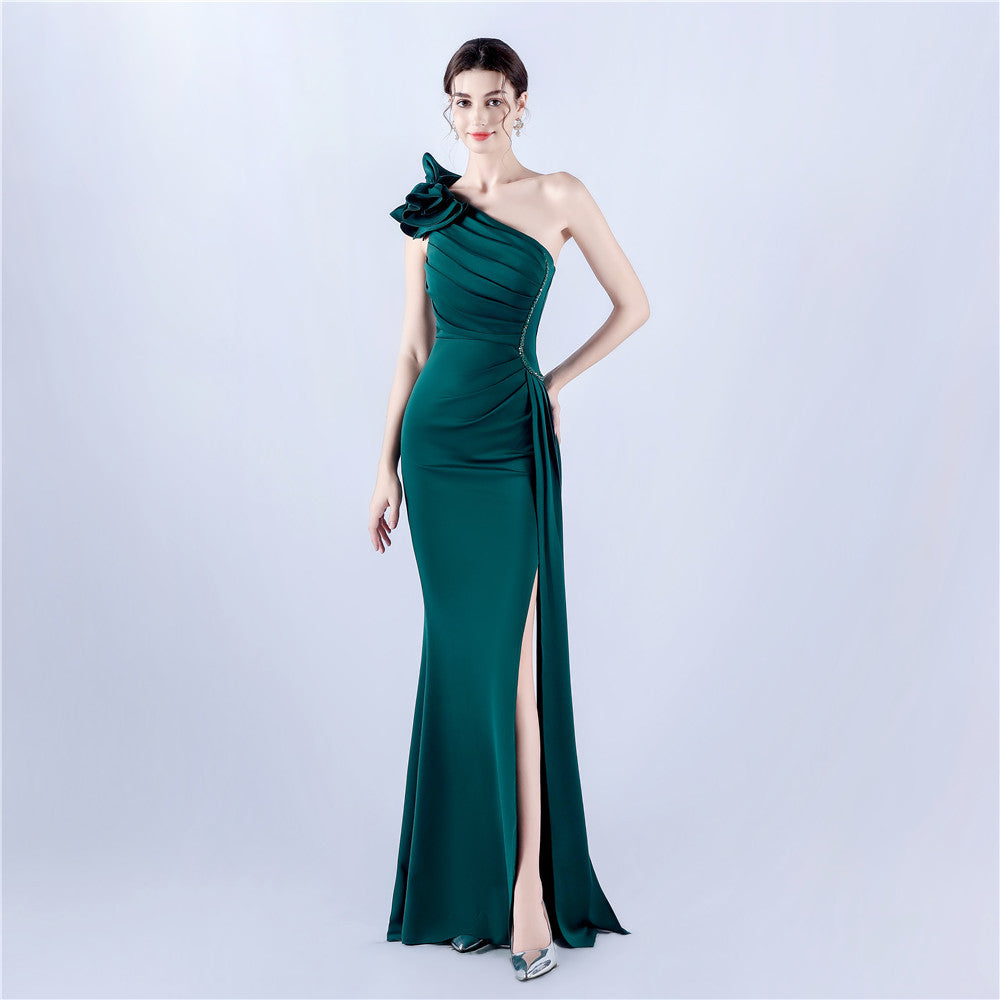 Elegant Flower Slash Shoulder Slit Evening Dress 5