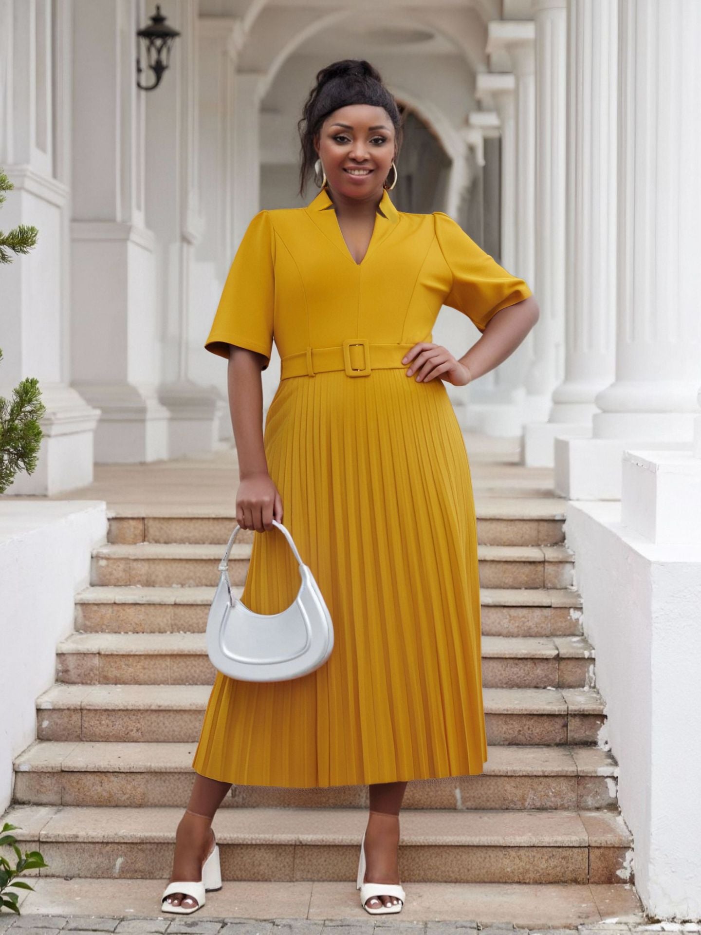 Plus Size Women's Office Summer Short Sleeve Fashion V-Neck High Waist Chic Pleated Long Dress 7