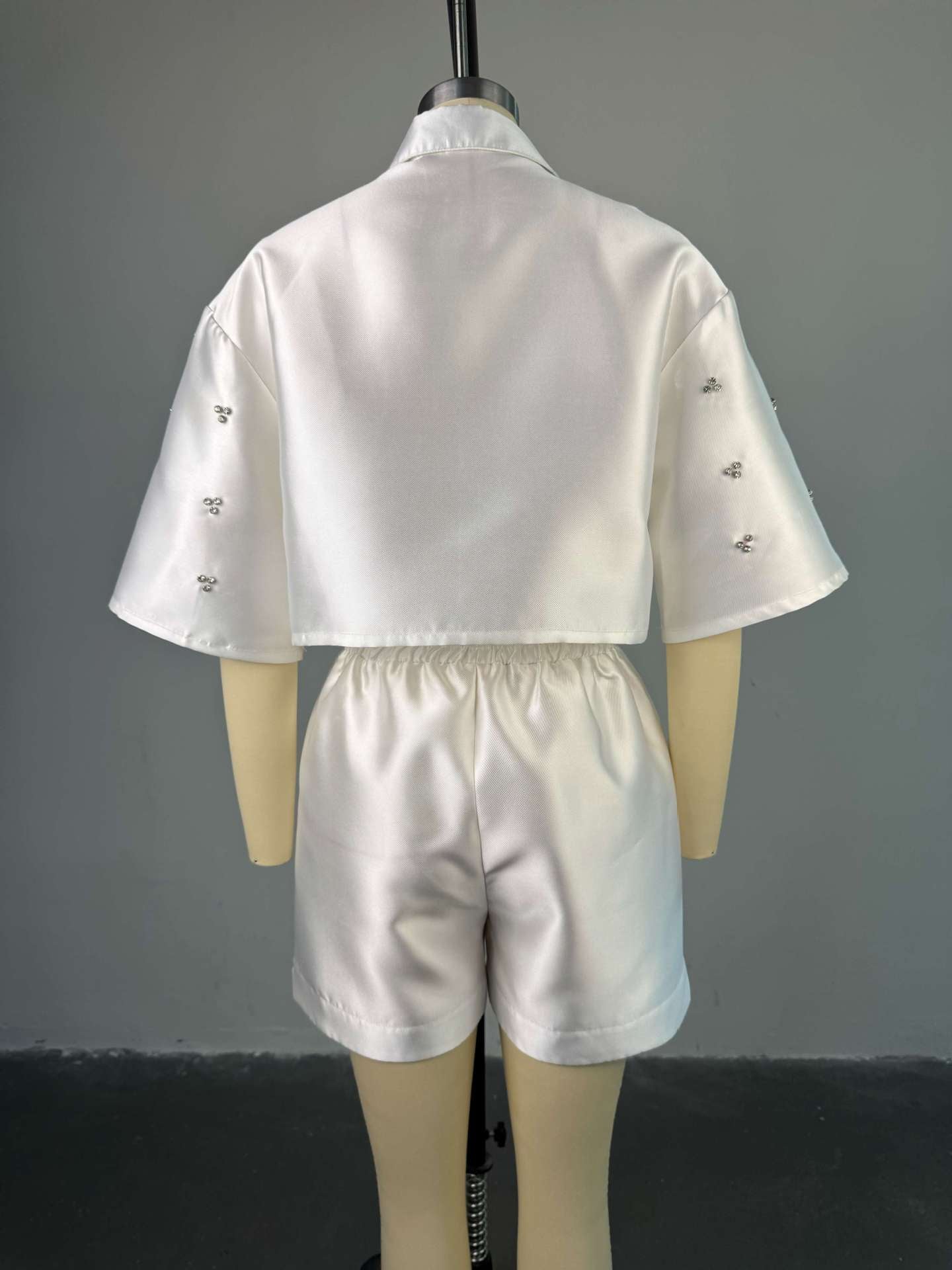 Women's summer beading Turndown Collar Bat Sleeves shirt high waist shorts two-piece set 10