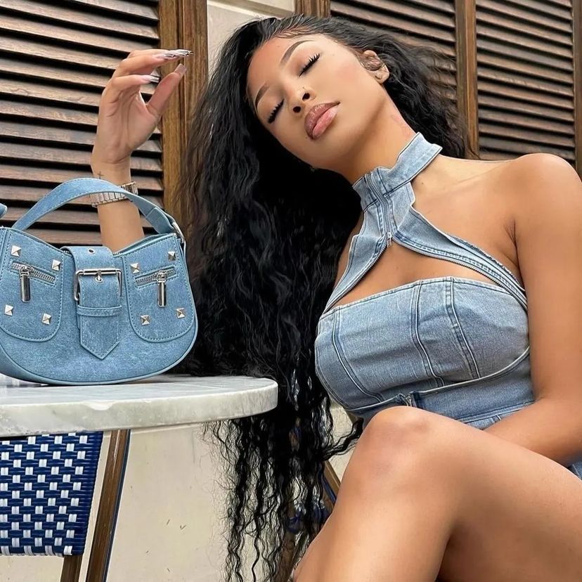 Washed Stretch Denim Halter Neck Zip Sexy Casual Two Piece Skirt Set 3