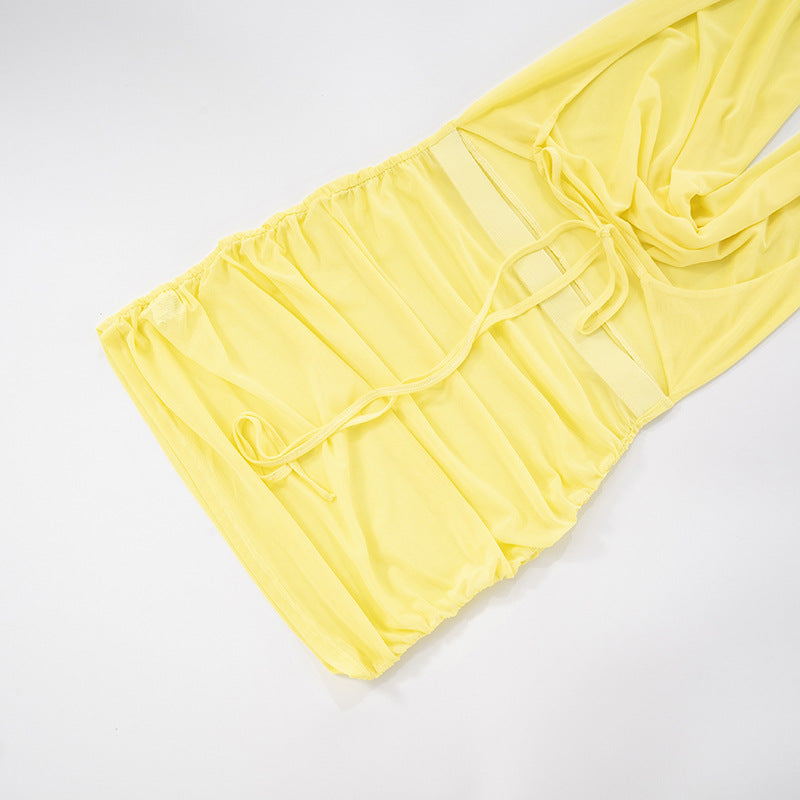 Women Sexy Mesh Halter Neck Swinging Neck Large Backless Gathered Bodycon Dress 14