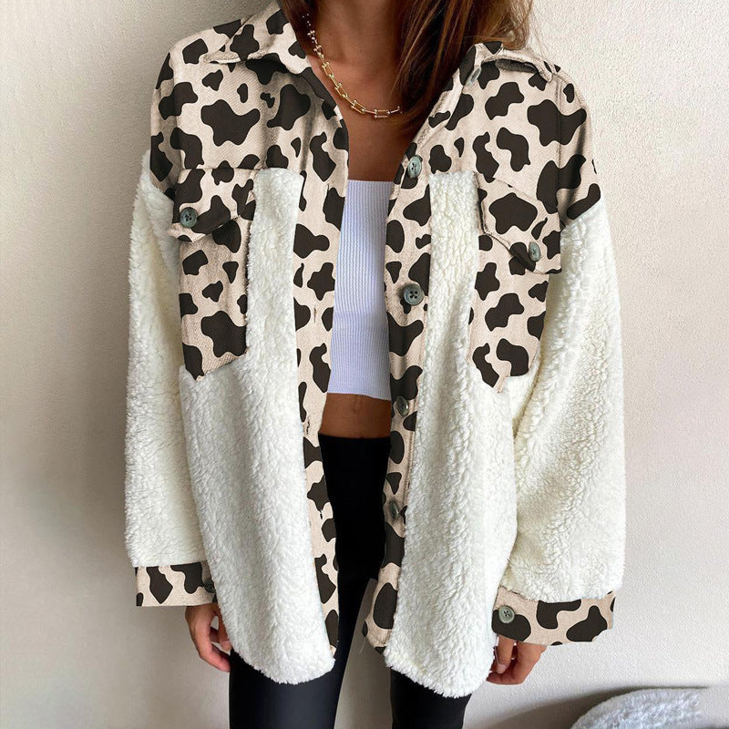 Women Turndown Collar Leopard Plaid Print Furry Patchwork Contrast Warm Long Sleeve Shirt 14