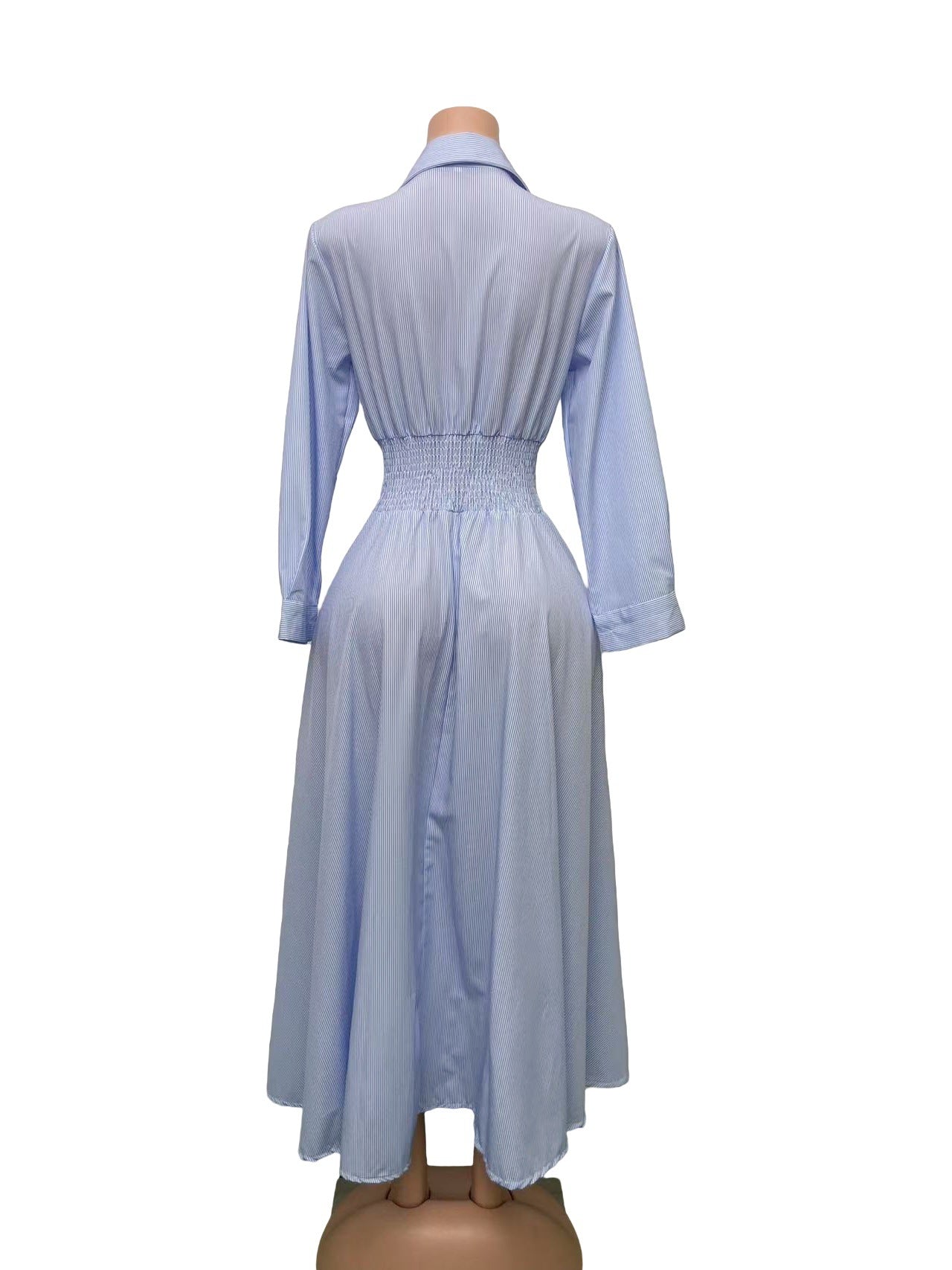 Striped Turndown Collar Long-Sleeve Button Slim Waist A-Line Gown 12