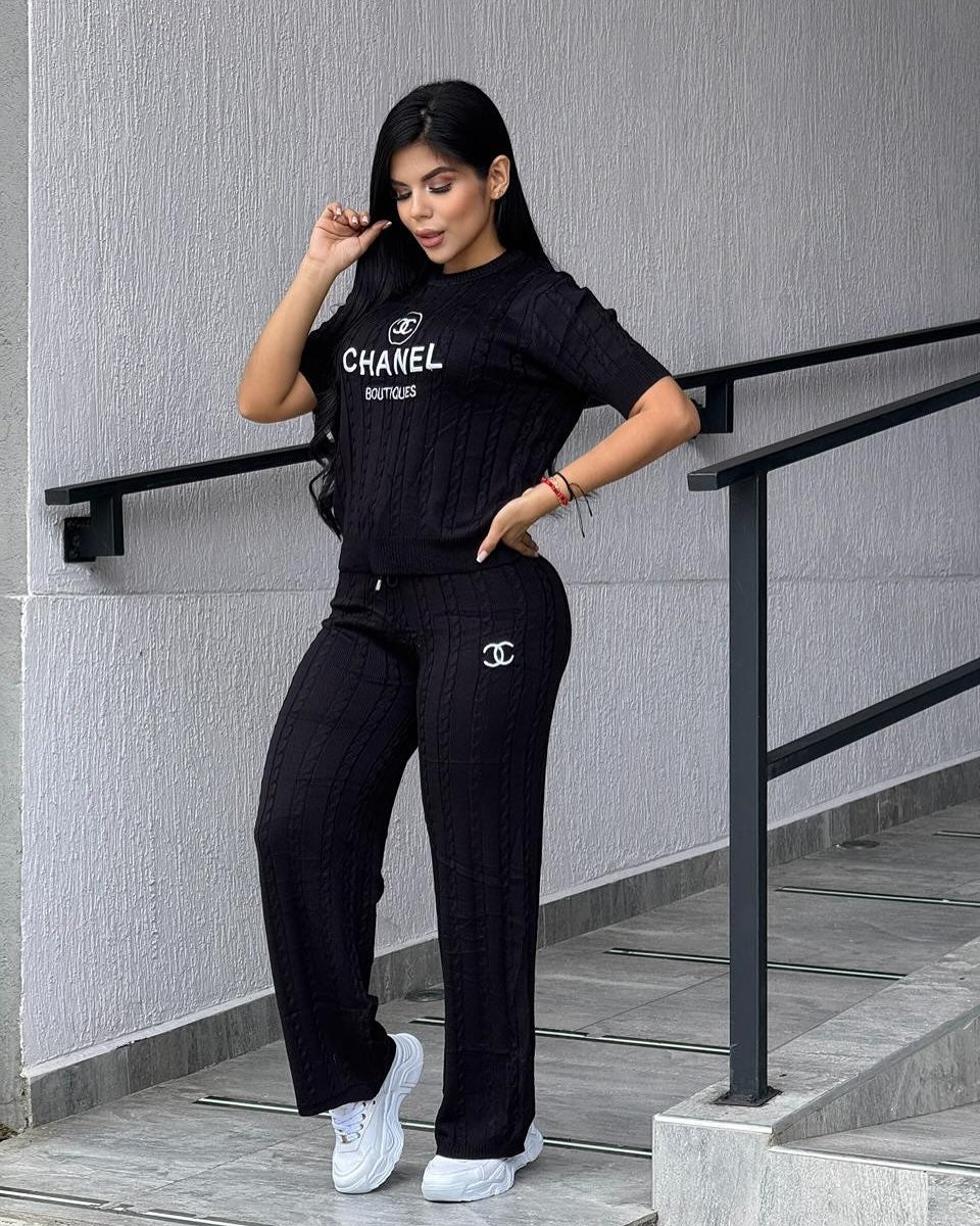 Women Knitting sweater autumn casual short-sleeved sweater top and long pants knitting two-piece set