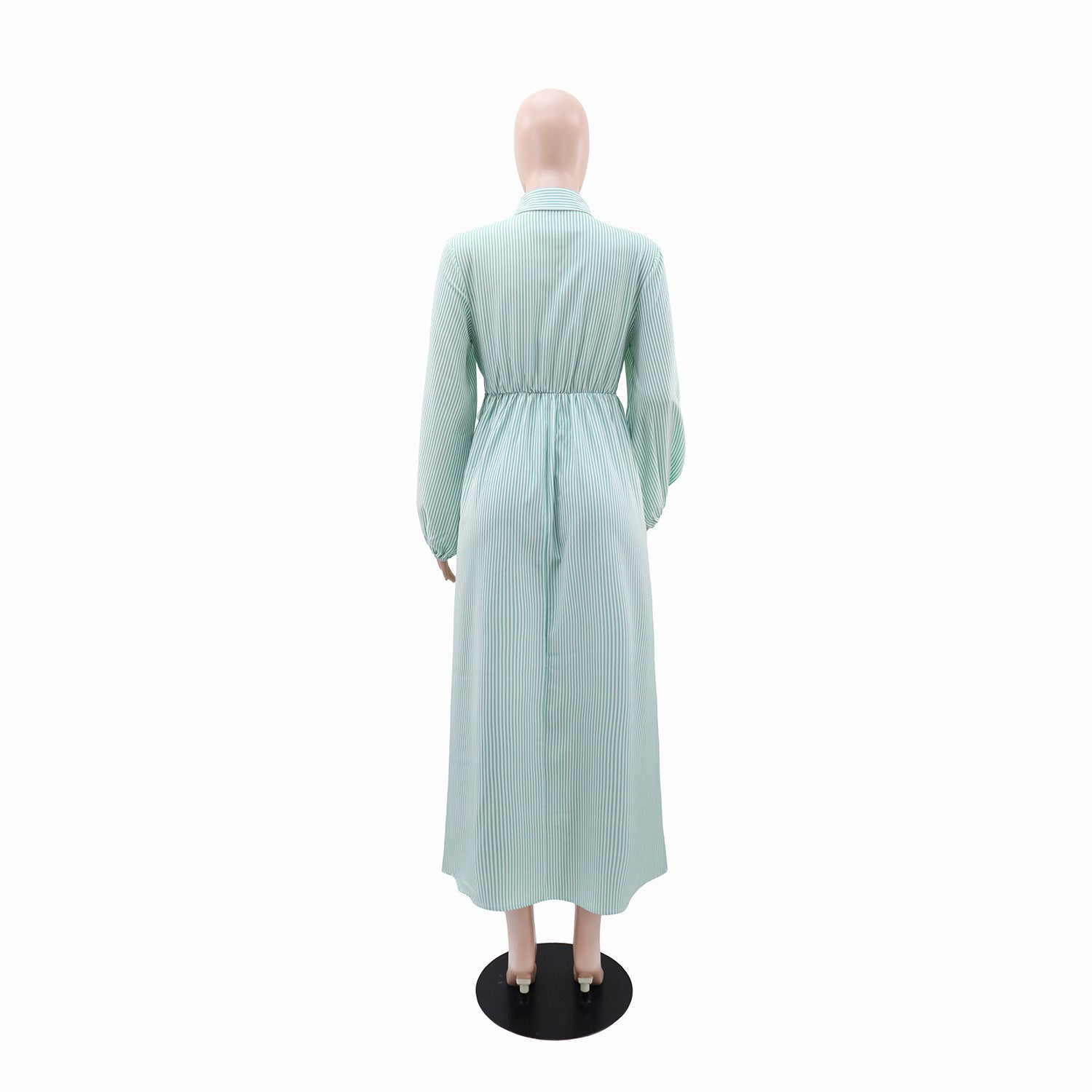 Women's Striped Long Sleeve Turndown Collar Elegant Casual Belted Long Dress 3