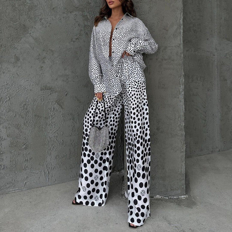 Polka Dot Print Loose Long Sleeve Shirt Wide Leg Pants Fashion Two Piece Set