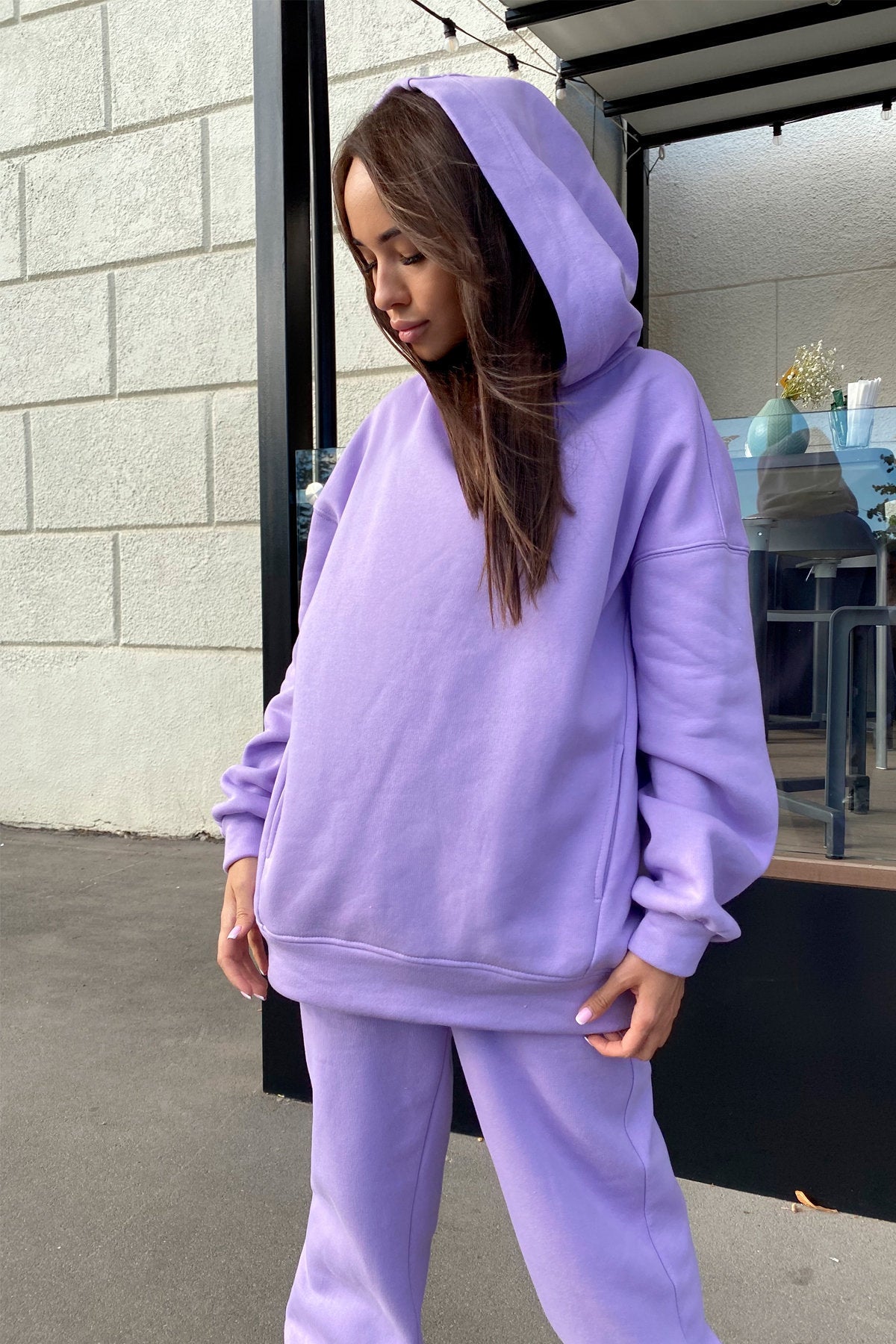 Women'S Fall Winter Fashion Solid loose Hoodies Casual Two Piece tracksuits 16